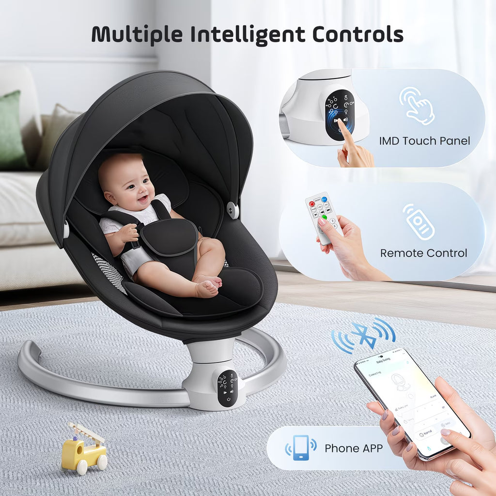 Baby & Me™ Smart Electric Baby Swing & Bouncer — App & Remote Control, Bluetooth Music, 5 Speeds