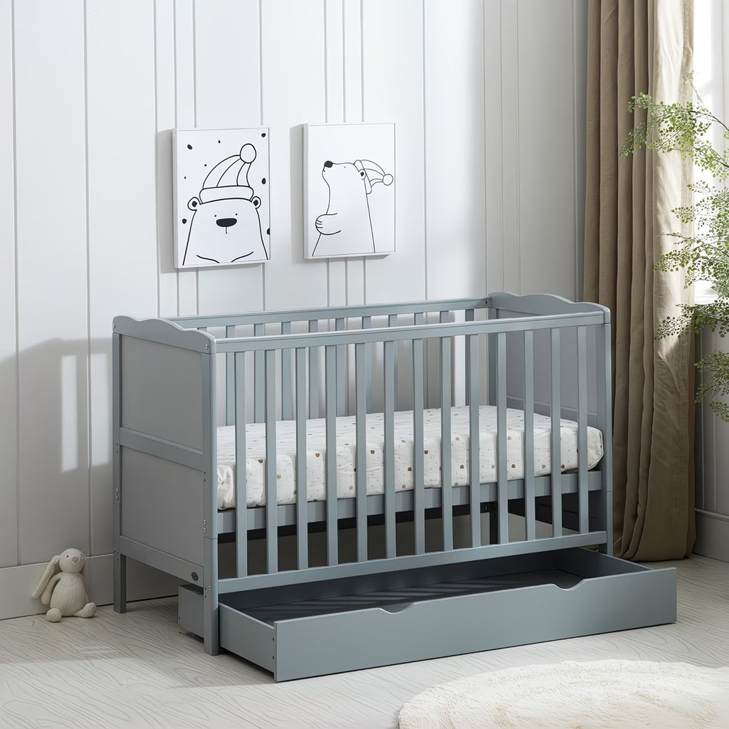 Baby & Me™ Orlando Wooden Cot Bed with Drawer, Aloe Vera Mattress & Safety Barrier — Adjustable Height