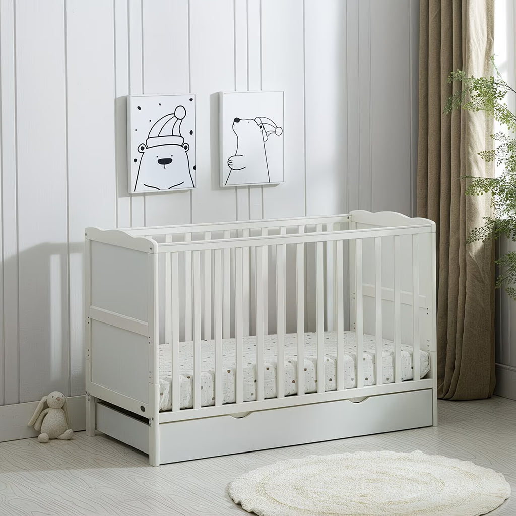 Baby & Me™ Orlando Wooden Cot Bed with Drawer, Aloe Vera Mattress & Safety Barrier — Adjustable Height