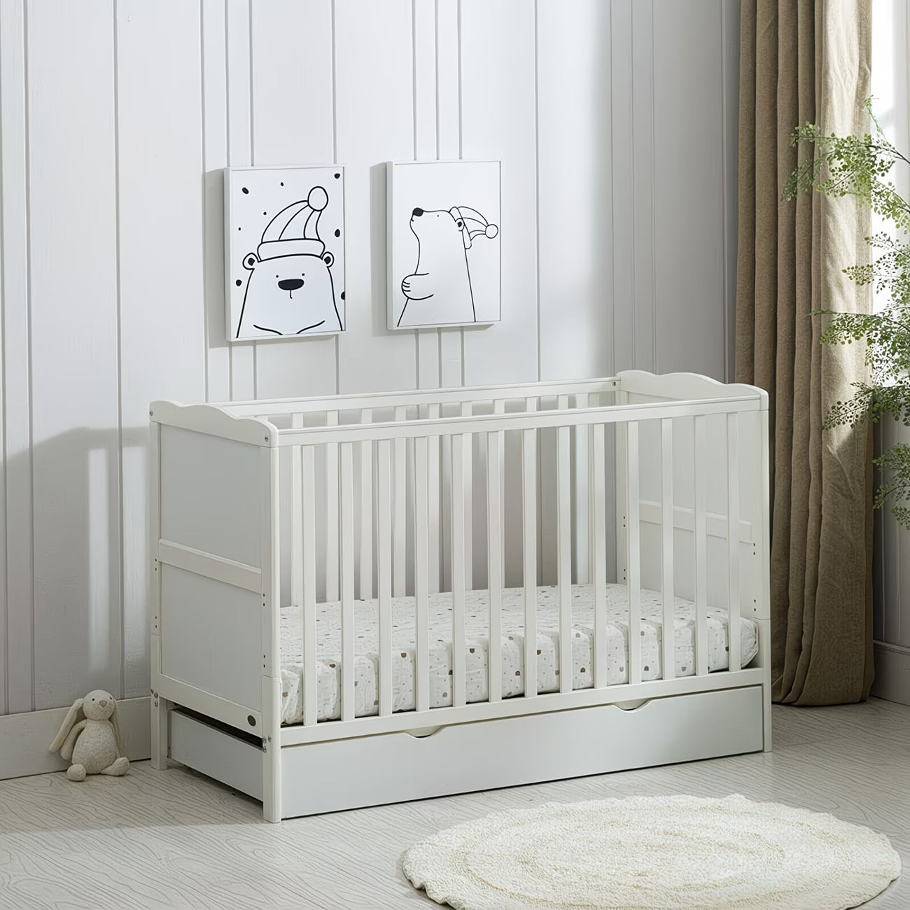 Baby & Me™ Orlando Wooden Cot Bed with Drawer, Aloe Vera Mattress & Safety Barrier — Adjustable Height