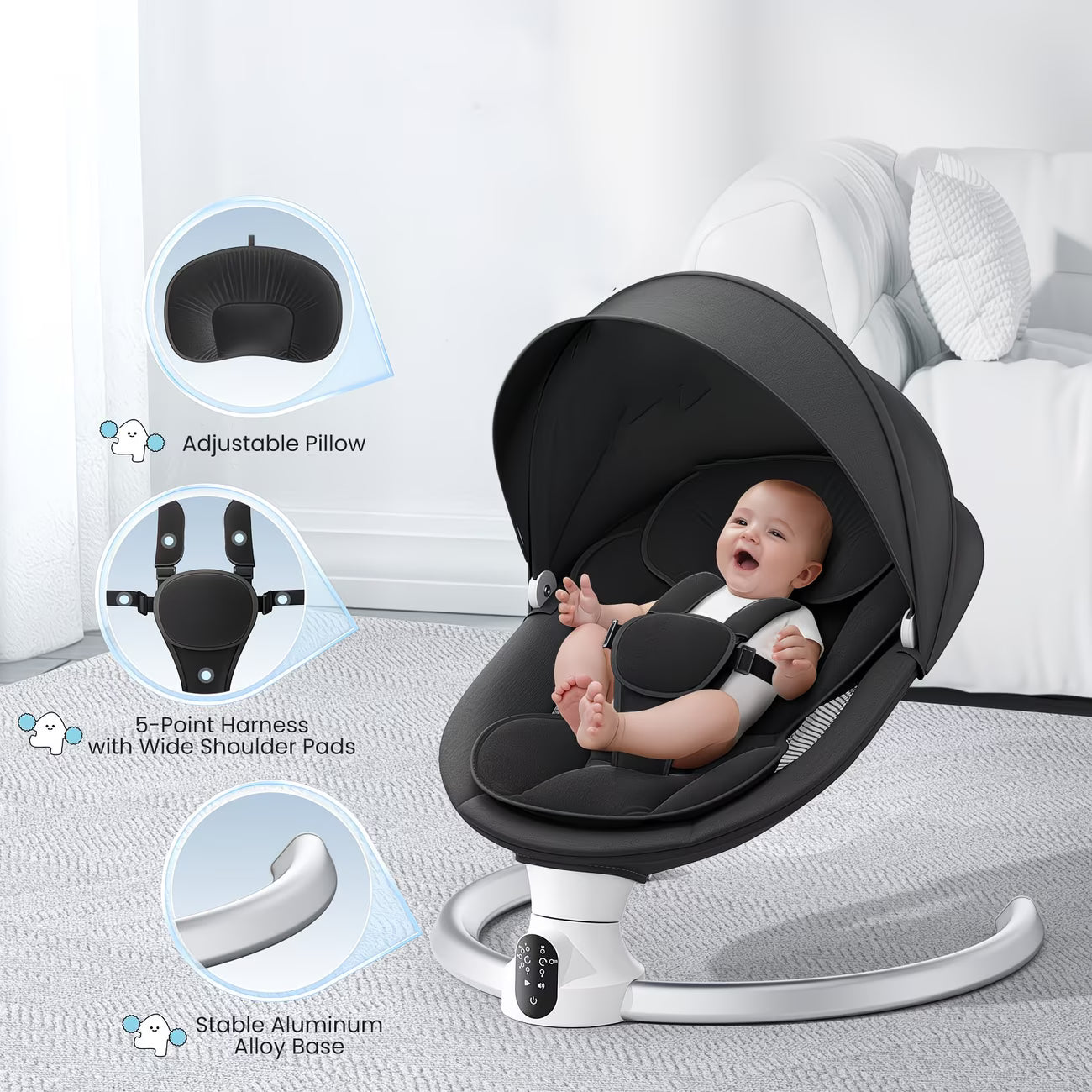 Baby & Me™ Smart Electric Baby Swing & Bouncer — App & Remote Control, Bluetooth Music, 5 Speeds