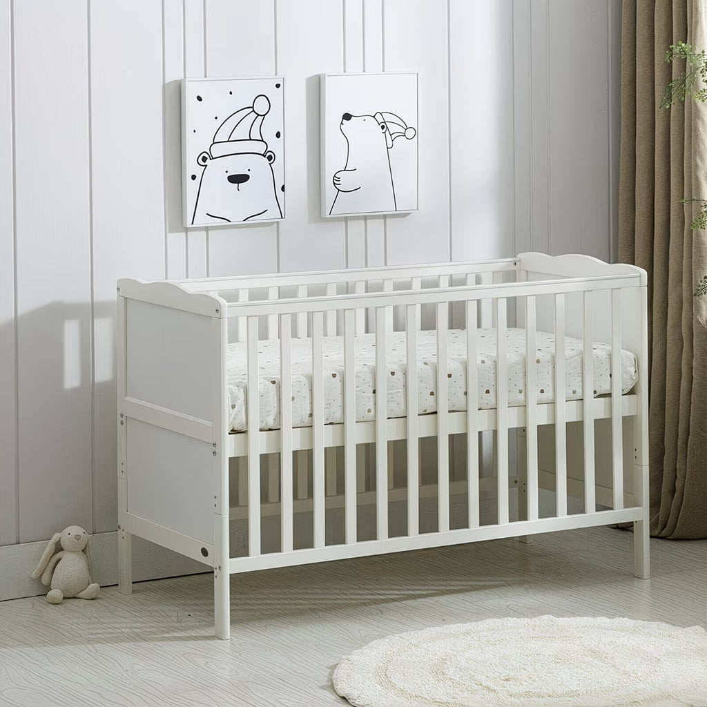 Baby & Me™ Orlando Wooden Cot Bed with Drawer, Aloe Vera Mattress & Safety Barrier — Adjustable Height