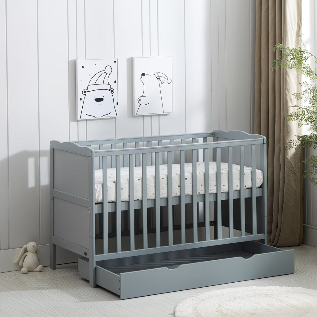 Baby & Me™ Orlando Wooden Cot Bed with Drawer, Aloe Vera Mattress & Safety Barrier — Adjustable Height