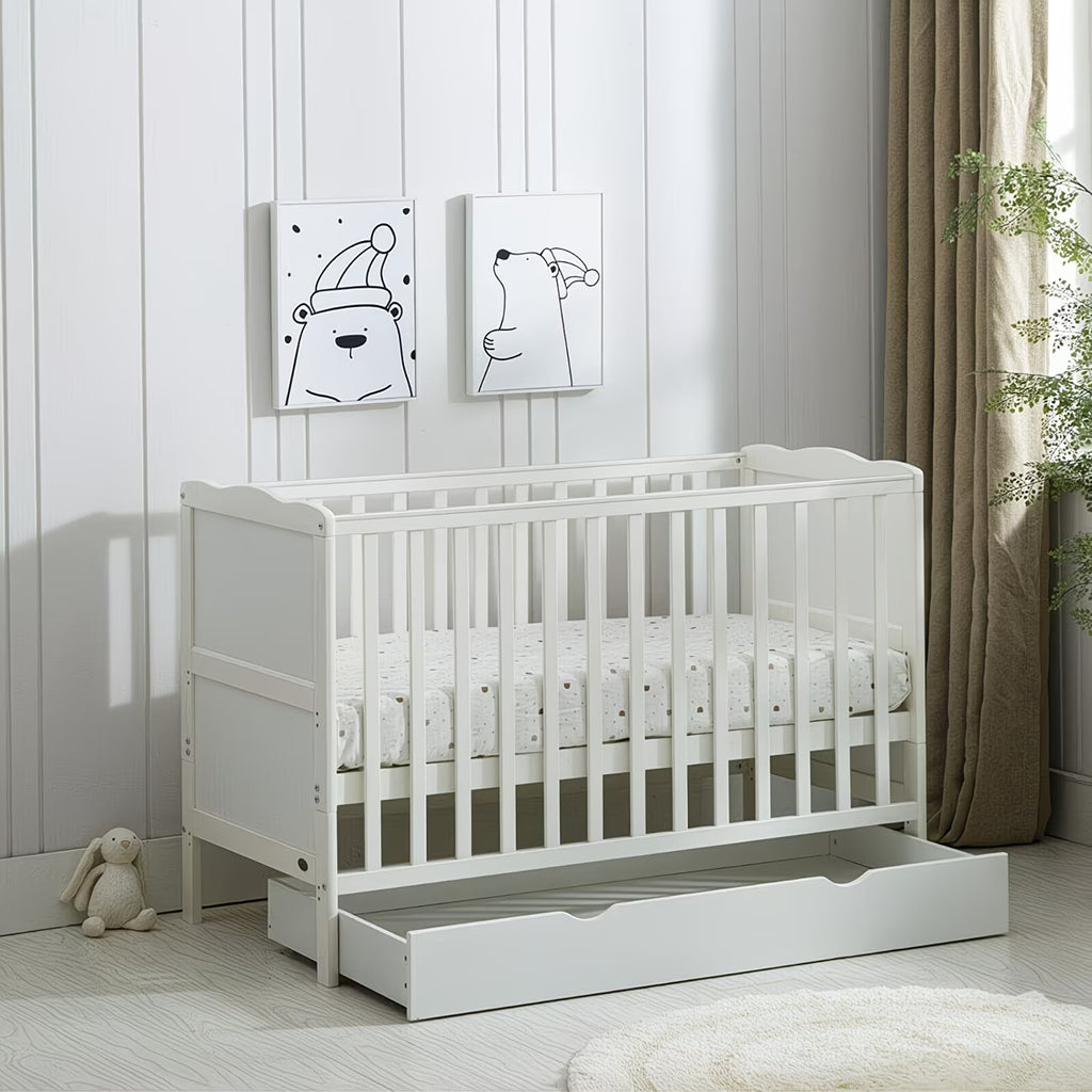 Baby & Me™ Orlando Wooden Cot Bed with Drawer, Aloe Vera Mattress & Safety Barrier — Adjustable Height